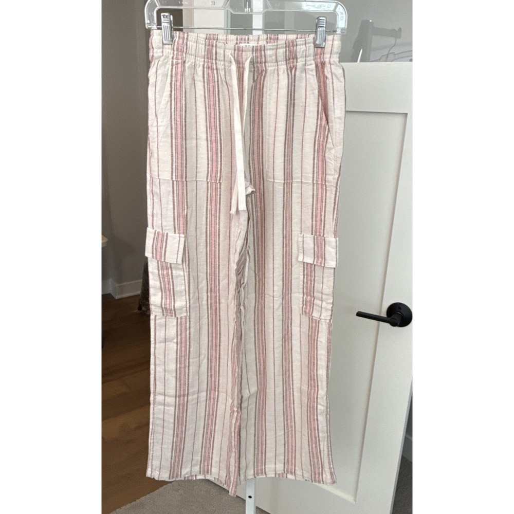 Roxy Linen Cargo Pants Women's XS Pink Brown Stripe Drawstring Wide Leg